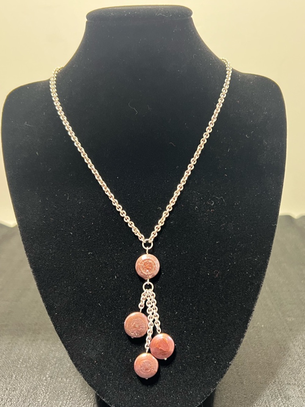 Handcrafted Lariat Style Silver Chain Necklace Coin-Shaped Pendants